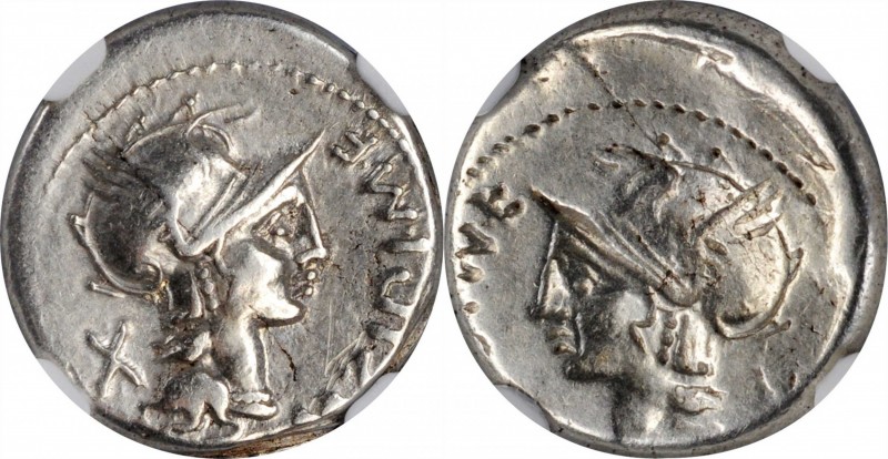 ROMAN REPUBLIC. M. Cipius M.f. AR Brockage Denarius (3.87 gms), Rome Mint, 115-1...