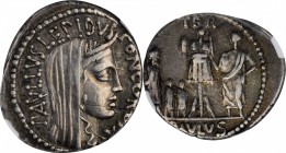 ROMAN REPUBLIC. L. Aemilius Lepidus Paullus. AR Denarius, Rome Mint, 62 B.C. NGC Ch VF. Scratches.
Cr-415/1; Syd-926. Obverse: Veiled and diademed he...