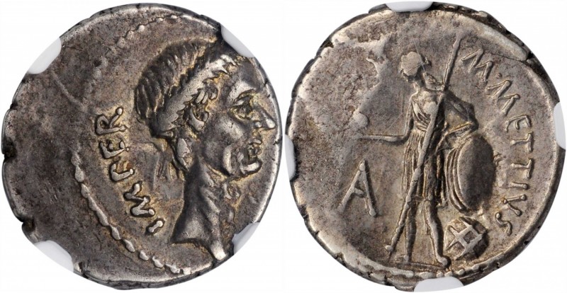 JULIUS CAESAR. AR Denarius (3.93 gms), Rome Mint; M. Mettius, moneyer, Early pos...