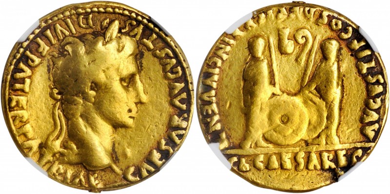 AUGUSTUS, 27 B.C.- A.D. 14. AV Aureus (7.70 gms), Lugdunum Mint, 2 B.C.- A.D. 4....