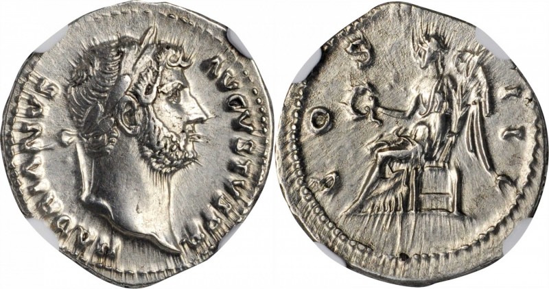 HADRIAN, A.D. 117-138. AR Denarius (3.37 gms), Rome Mint, ca. A.D. 128-132. NGC ...
