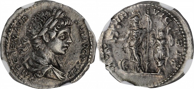 CARACALLA, A.D. 198-217. AR Denarius, Rome Mint, A.D. 198. NGC Ch EF.
RIC-25b; ...