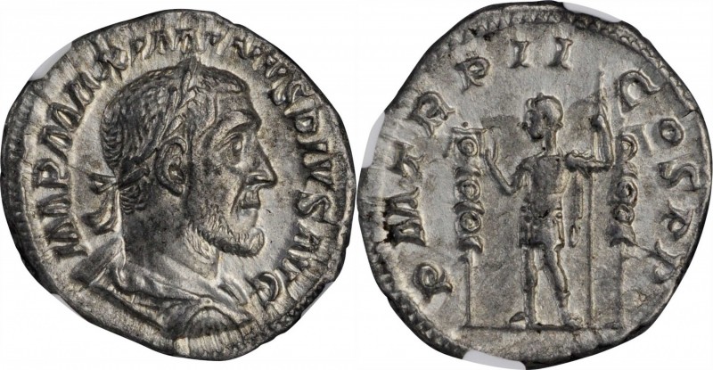 MAXIMINUS I, A.D. 235-238. AR Denarius, Rome Mint, A.D. 236. NGC Ch EF.
RIC-3; ...