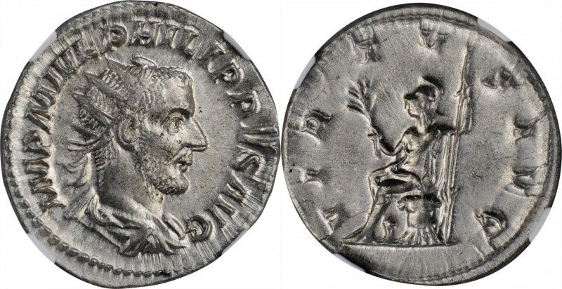 PHILIP I, A.D. 244-249. AR Antoninianus, Rome Mint, A.D. 244. NGC AU.
RIC-53; R...
