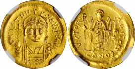JUSTINIAN I, 527-565. AV Solidus (4.28 gms), Constantinople Mint, 10th Officina, 542-552. NGC Ch AU, Strike: 5/5 Surface: 2/5. Edge Filing.
S-140. Ob...