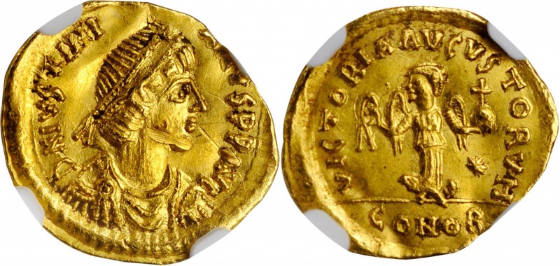 JUSTINIAN I, 527-565. AV Tremissis (1.44 gms), Constantinople Mint. NGC MS, Stri...