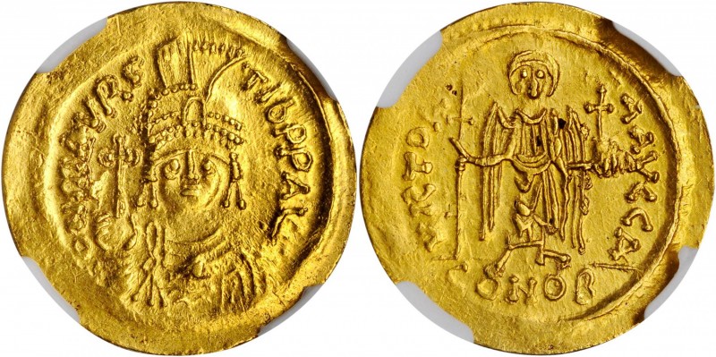MAURICE TIBERIUS, 582-602. AV Solidus (4.28 gms), Constantinople Mint, 1st Offic...