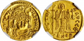 MAURICE TIBERIUS, 582-602. AV Solidus (4.19 gms), Constantinople or Antioch Mint, 5th Officina, 583-602. NGC Ch AU, Strike: 5/5 Surface: 2/5. Edge Fil...