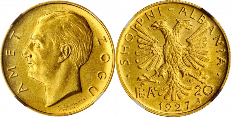 ALBANIA. 20 Franga Ari, 1927-R. Rome Mint. NGC MS-62.
KM-10. Mintage: 6,000. A ...