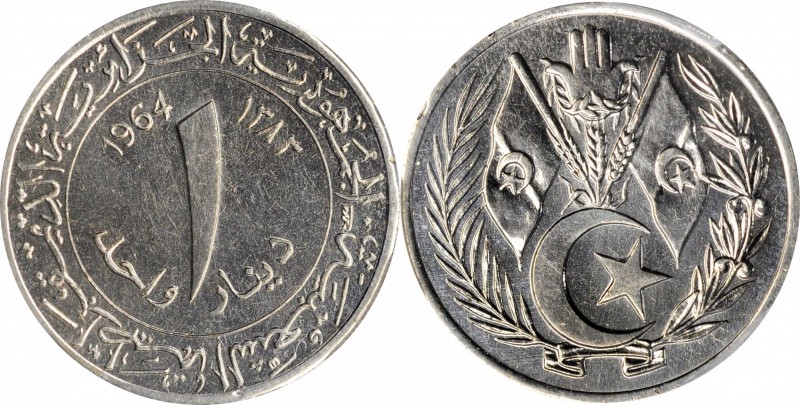 ALGERIA. Dinar, AH 1383 (1964). PCGS SPECIMEN-64 Gold Shield.
KM-100. A brillia...