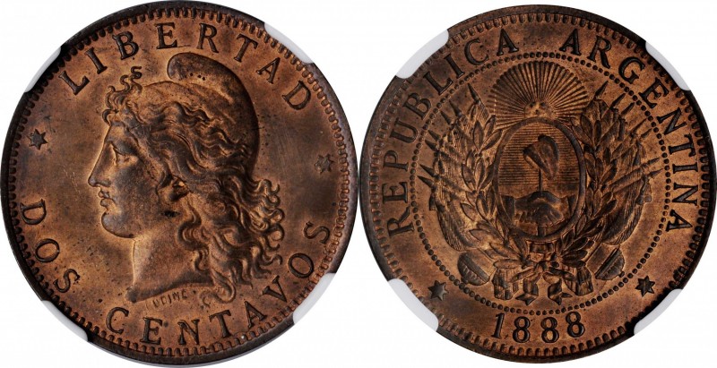 ARGENTINA. 2 Centavos, 1888. NGC MS-64 Red Brown.
KM-33. Coin is a bold strike ...