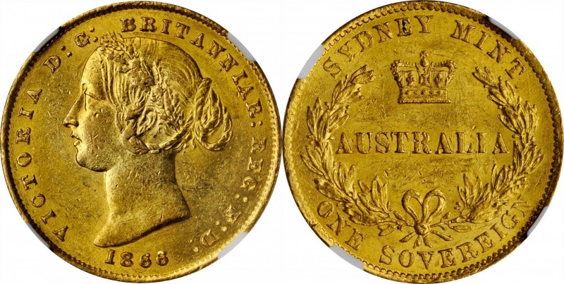 AUSTRALIA. Sovereign, 1866. Sydney Mint. Victoria. NGC MS-61.
KM-4. A distingui...