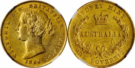 AUSTRALIA. Sovereign, 1866. Sydney Mint. Victoria. NGC MS-61.
KM-4. A distinguished Sydney mint Sovereign of 1866. The youthful portrait of queen Vic...