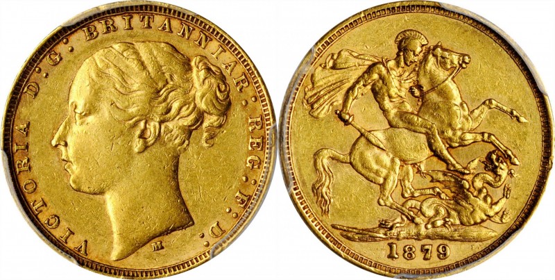 AUSTRALIA. Sovereign, 1879-M. Melbourne Mint. Victoria. PCGS AU-53 Gold Shield....
