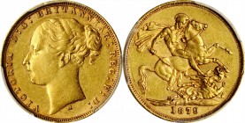AUSTRALIA. Sovereign, 1879-M. Melbourne Mint. Victoria. PCGS AU-53 Gold Shield.
Fr-16; S-3857; KM-7. Long Tail Variety. A wholesome and evenly worn s...