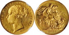 AUSTRALIA. Sovereign, 1884-M. Melbourne Mint. Victoria. NGC MS-62.
Fr-16; S-3857C; KM-7. A fully detailed example with illuminating luster in the fie...