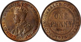 AUSTRALIA. Penny, 1916-I. Calcutta Mint. PCGS MS-63 Brown Gold Shield.
KM-23. A well-struck Penny with lustrous surfaces and hints of pleasing orange...