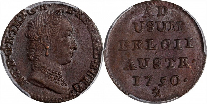AUSTRIAN NETHERLANDS. Liard, 1750-l. Maria Theresa. PCGS MS-64 Brown Gold Shield...