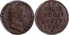 AUSTRIAN NETHERLANDS. Liard, 1750-l. Maria Theresa. PCGS MS-64 Brown Gold Shield.
KM-2. Here is a common coin in an uncommon grade. The hair details ...
