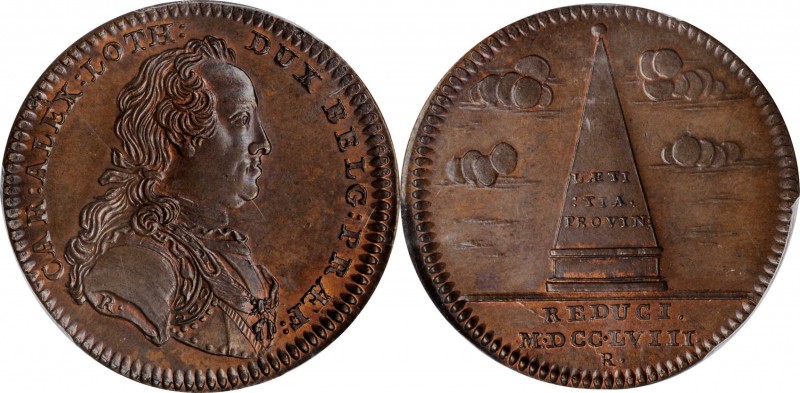 AUSTRIAN NETHERLANDS. Bronze Jeton, 1758. Charles of Lorraine. PCGS MS-65+ Brown...