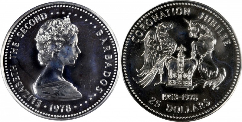 BARBADOS. 25 Dollars, 1978-FM. Franklin Mint. PCGS PROOFLIKE-68 Gold Shield.
KM...