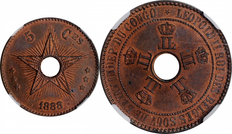 BELGIAN CONGO. 5 Centimes, 1888/7. Leopold II. NGC MS-64 Red Brown.
KM-3. Offer...