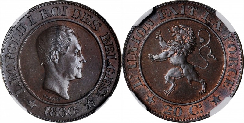 BELGIUM. 20 Centimes Copper Essai (Pattern), 1860. Leopold I. NGC MS-63 Brown.
...