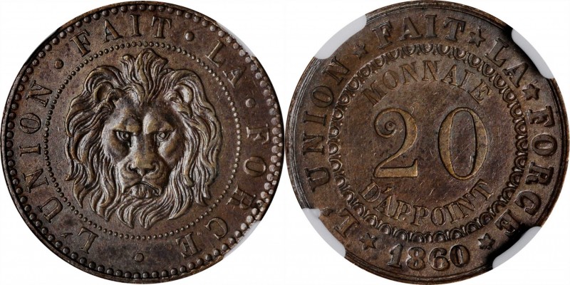 BELGIUM. 20 Centimes Copper Essai (Pattern), 1860. Leopold I. NGC AU-55 Brown.
...