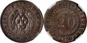 BELGIUM. 20 Centimes Copper Essai (Pattern), 1860. Leopold I. NGC AU-55 Brown.
Dupriez-804. Copper variety, with dotted edge. An unusual pattern with...