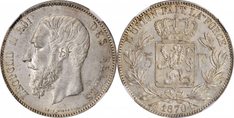 BELGIUM. 5 Francs, 1870. Leopold II. NGC Unc Details--Obverse Cleaned.
KM-24. A...
