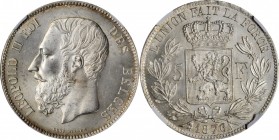 BELGIUM. 5 Franc, 1876. Leopold II. NGC MS-64.
KM-24. A boldly struck and fully lustrous crown with a bare hint of peripheral toning.
Estimate: $200...