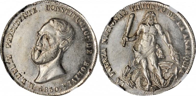 BOLIVIA. Silver 4 Soles Proclamation Medal, 1850. NGC MS-62.
Fonrobert-9552. A ...
