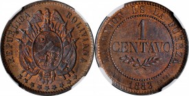 BOLIVIA. Bronze Centavo Essai (Pattern), 1883-EG. NGC MS-64 Red Brown.
KM-E2. Pattern for KM-167. A softly lustrous pattern with a pleasing magenta t...
