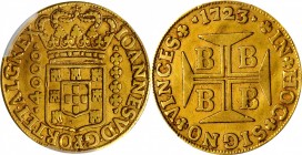 BRAZIL. 4000 Reis, 1723-B. Bahia Mint. Joao V. PCGS Genuine--Damage, VF Details Gold Shield.
Fr-30, KM-102. This is a scarce 18th century Brazilian t...