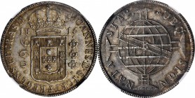 BRAZIL. 960 Reis, 1815-B. Bahia Mint. Joao as Prince Regent. NGC AU-58.
KM-307.1. A captivating 960 Reis Crown of Brazil that displays light silvery ...