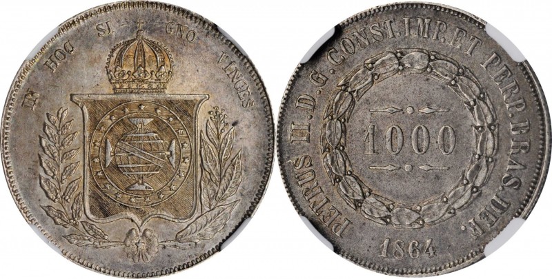 BRAZIL. 1000 Reis, 1864. Rio de Janeiro Mint. Pedro II. NGC AU-58.
KM-465. A li...