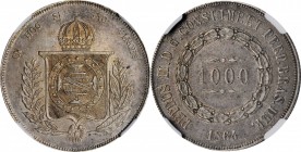 BRAZIL. 1000 Reis, 1864. Rio de Janeiro Mint. Pedro II. NGC AU-58.
KM-465. A lightly toned and pleasing example of the type, exhibiting just a hint o...