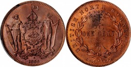 BRITISH NORTH BORNEO. Cent, 1886-H. Heaton Mint. Victoria. PCGS SP-65 Red Brown Gold Shield.
KM-2. Native warriors serve as supporters for the centra...