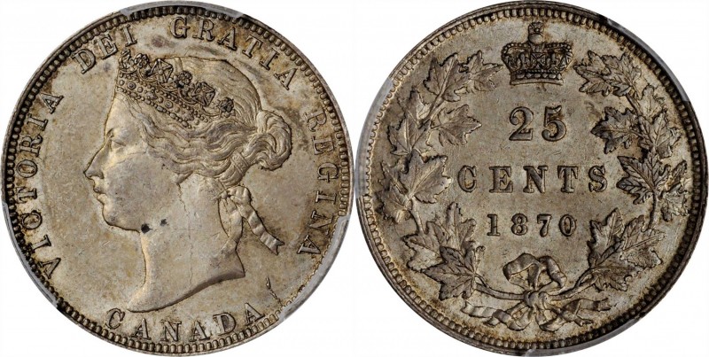 CANADA. 25 Cents, 1870. London Mint. Victoria. PCGS MS-62 Gold Shield.
KM-5. Fi...