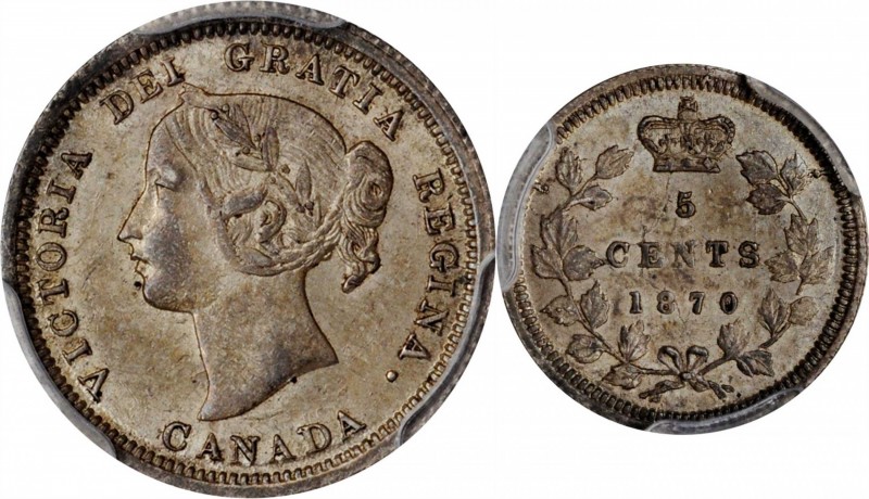 CANADA. 5 Cents, 1870. London Mint. Victoria. PCGS AU-58 Gold Shield.
KM-2. Wid...