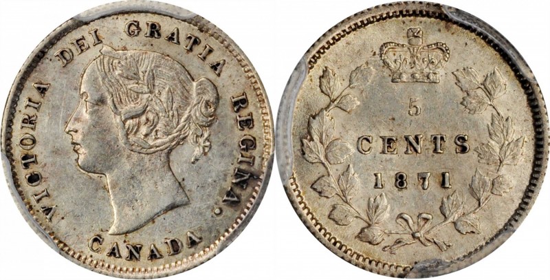 CANADA. 5 Cents, 1871. London Mint. Victoria. PCGS AU-55 Gold Shield.
KM-3. A w...
