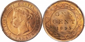 CANADA. Cent, 1899. London Mint. Victoria. PCGS MS-64 Red Brown Gold Shield.
KM-7. Repunched 9 variety. Featuring a clear 9 below the second 9 in the...