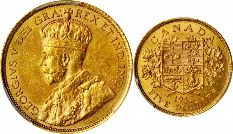 CANADA. 5 Dollars, 1912. Ottawa Mint. PCGS AU-58 Gold Shield.
KM-26. This is th...