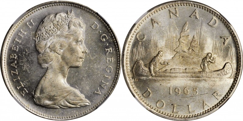 CANADA. Dollar, 1965. Ottawa Mint. NGC MS-61.
KM-64.1. Large beads/pointed 5 va...