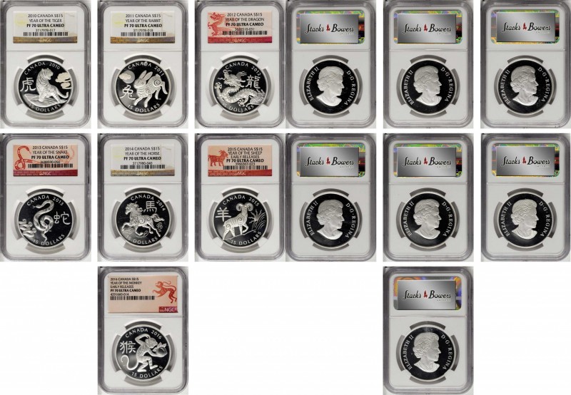 CANADA. Septet of 15 Dollars (7 Pieces), 2010-16. All NGC PROOF-70 Ultra Cameo C...