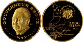 CHAD. 3000 Francs, ND (1970)-NI. NGC PROOF-66 Ultra Cameo.
Fr-4; KM-9. Issued to honor Félix &Eacute;boué. A few toning spots. .3038 of an ounce of p...