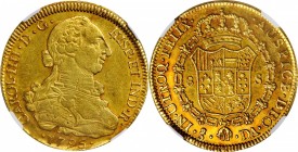 CHILE. 8 Escudos, 1795-So DA. Santiago Mint. Charles IV. NGC AU Details--Rim Damage.
Fr-23, KM-54. A transitional type with portrait of the previous ...