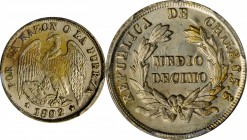 CHILE. 1/2 Decimo, 1892/82-So. Santiago Mint. PCGS MS-65 Gold Shield.
KM-137.3. This small silver 1/2 Decimo is boldly struck with every feather in t...