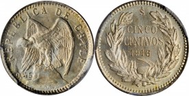 CHILE. 5 Centavos, 1916/1-So. Santiago Mint. PCGS MS-66 Gold Shield.
KM-155.3. A fully brilliant small silver coin. Sparkling luster and a first rate...