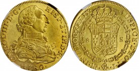 COLOMBIA. 8 Escudos, 1780/9-NR JJ. Nuevo Reino Mint. Charles III. NGC MS-62+.
Fr-35; KM-50.1. A marvelous colonial 8 Escudos of Colombia, which coupl...